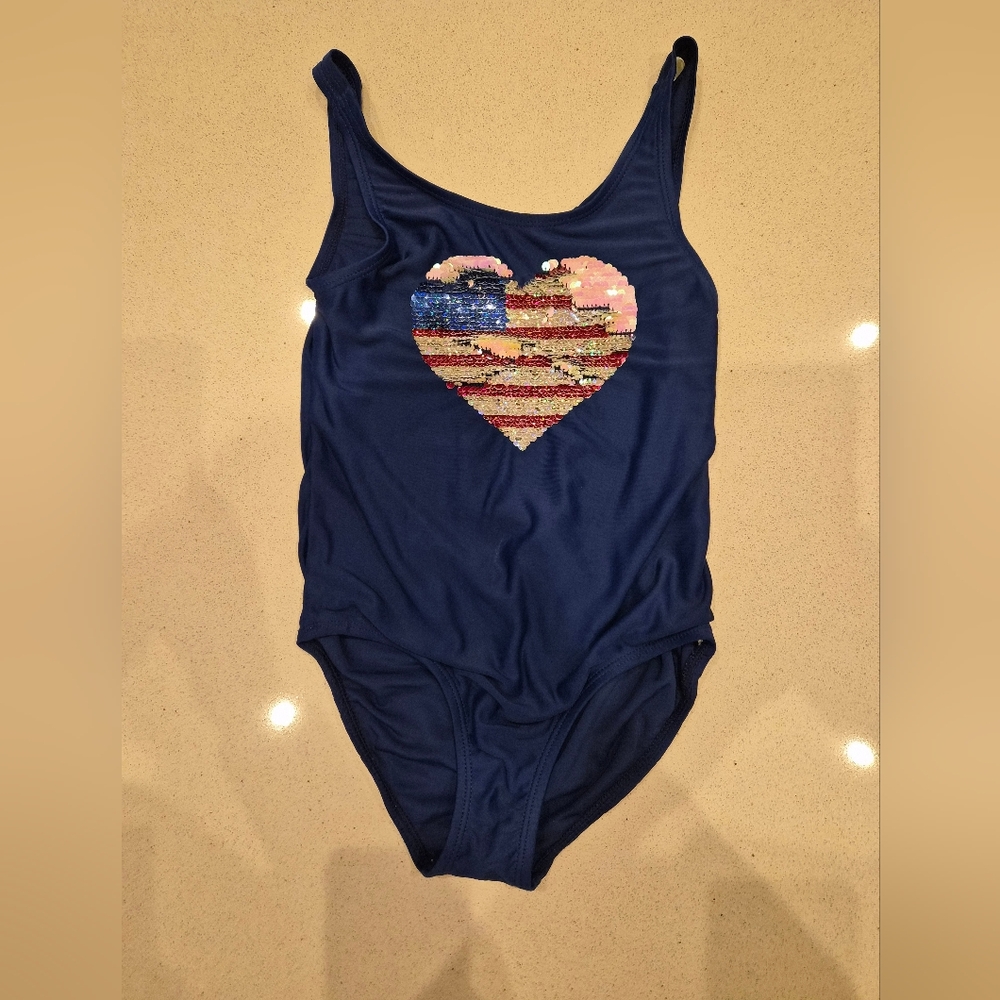 OshKosh Blue One Piece Patriotic Red White Blue Sparkle Heart Swimsuit Sz 6